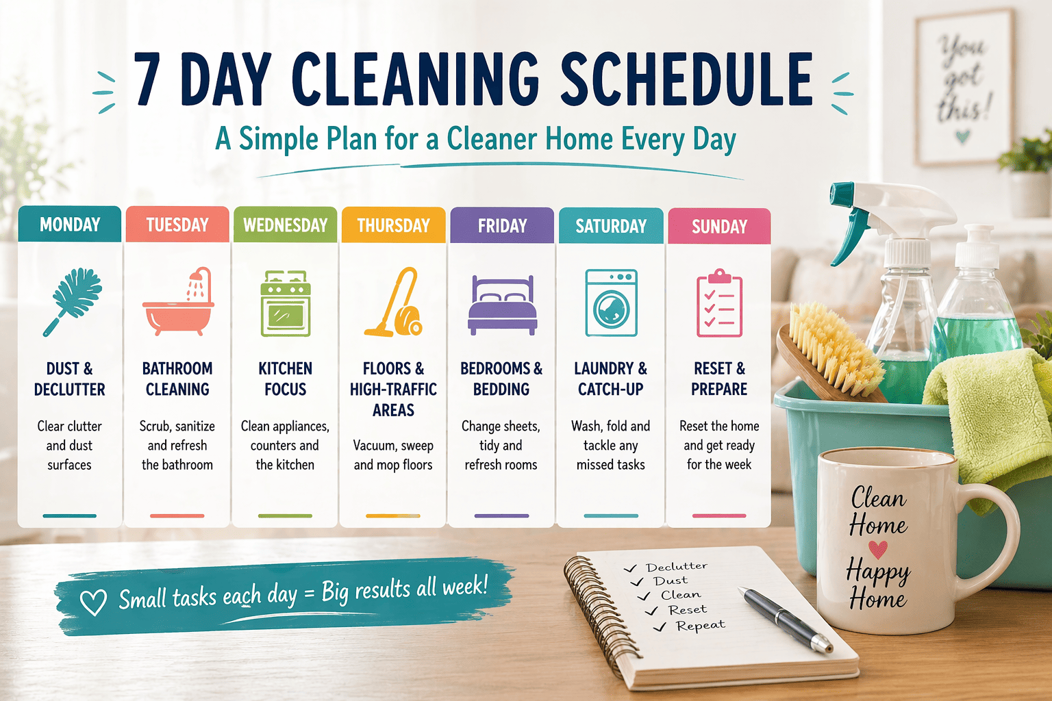 7 Day Cleaning Schedule That Actually Works for Busy Homes